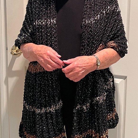 Homemade Dressy Knitted Black Wrap with Copper and Silver Strips - Picture 3 of 3